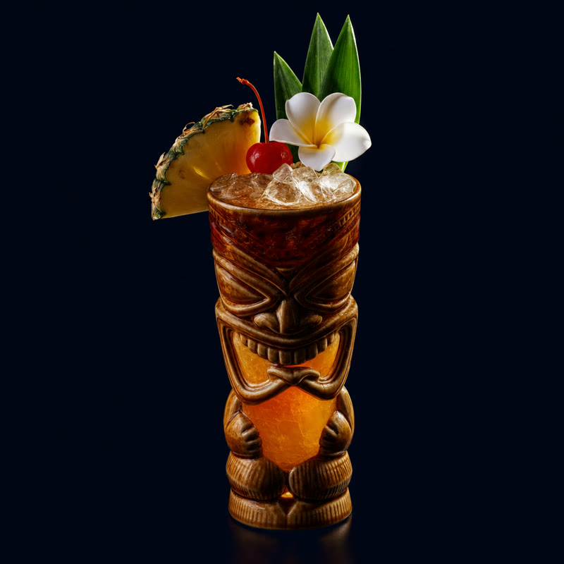 Mulligans Mai Tai in a tiki mug with pineapple, cherry and plumeria