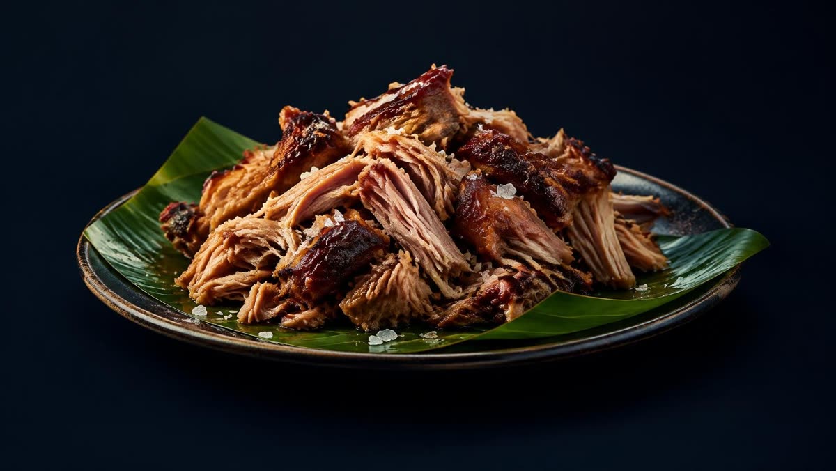 Kalua pork on a banana leaf