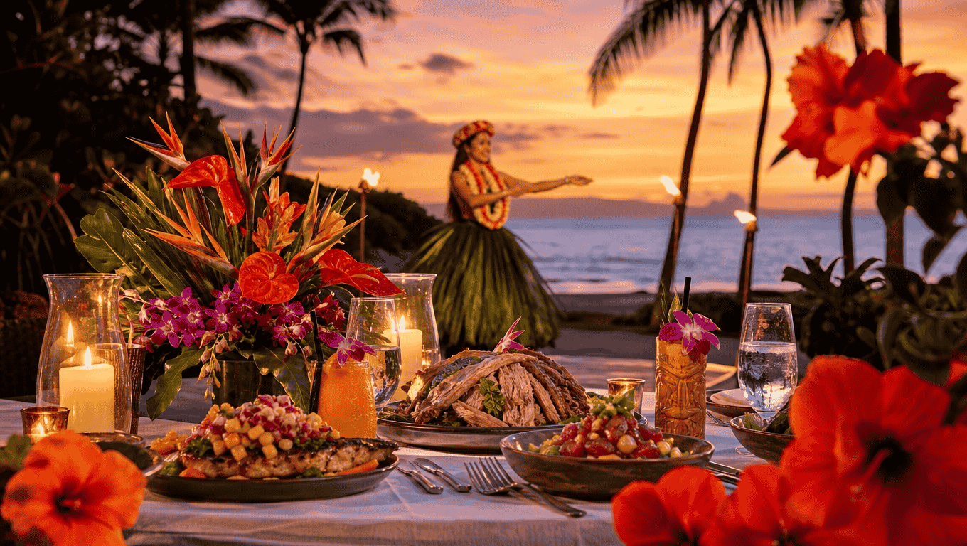 Luxury oceanfront Hawaiian luau at sunset in Wailea, Maui