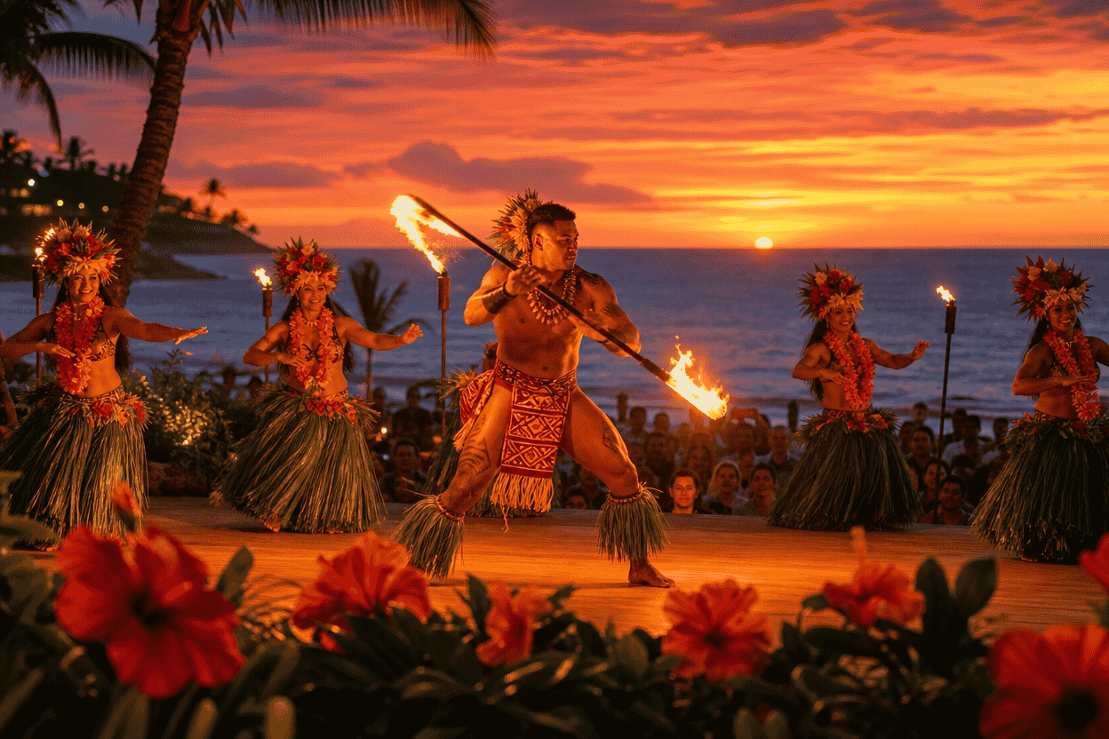 Oceanfront Hawaiian luau performance at sunset in Wailea, Maui